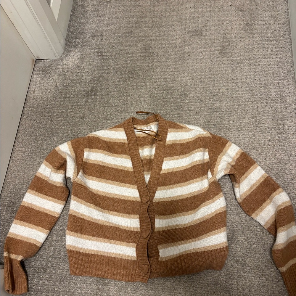 Elegant Tan and White Striped Women's Cardigan